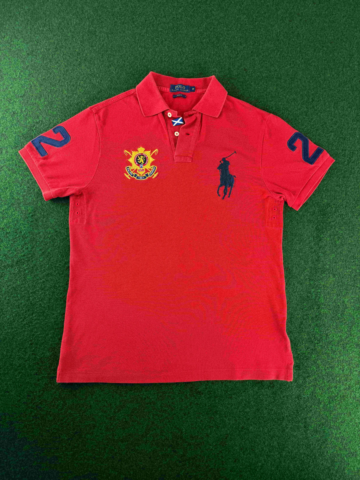 Polo Ralph Lauren Slim Fit Big Pony Poloshirt Vintage Herren Größe M Rot – Vorderansicht